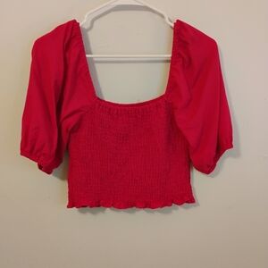 Linen Blend Cottagecore Coquette Magenta Puffer Sleeve Smocked  Women's Top S